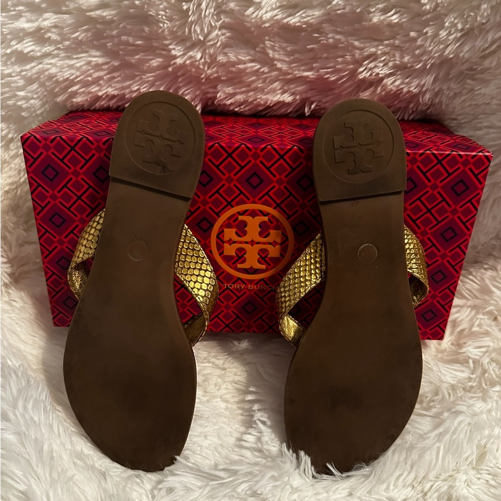 Tory Burch Gold and Brown Flip Flops - Picture 3 of 4